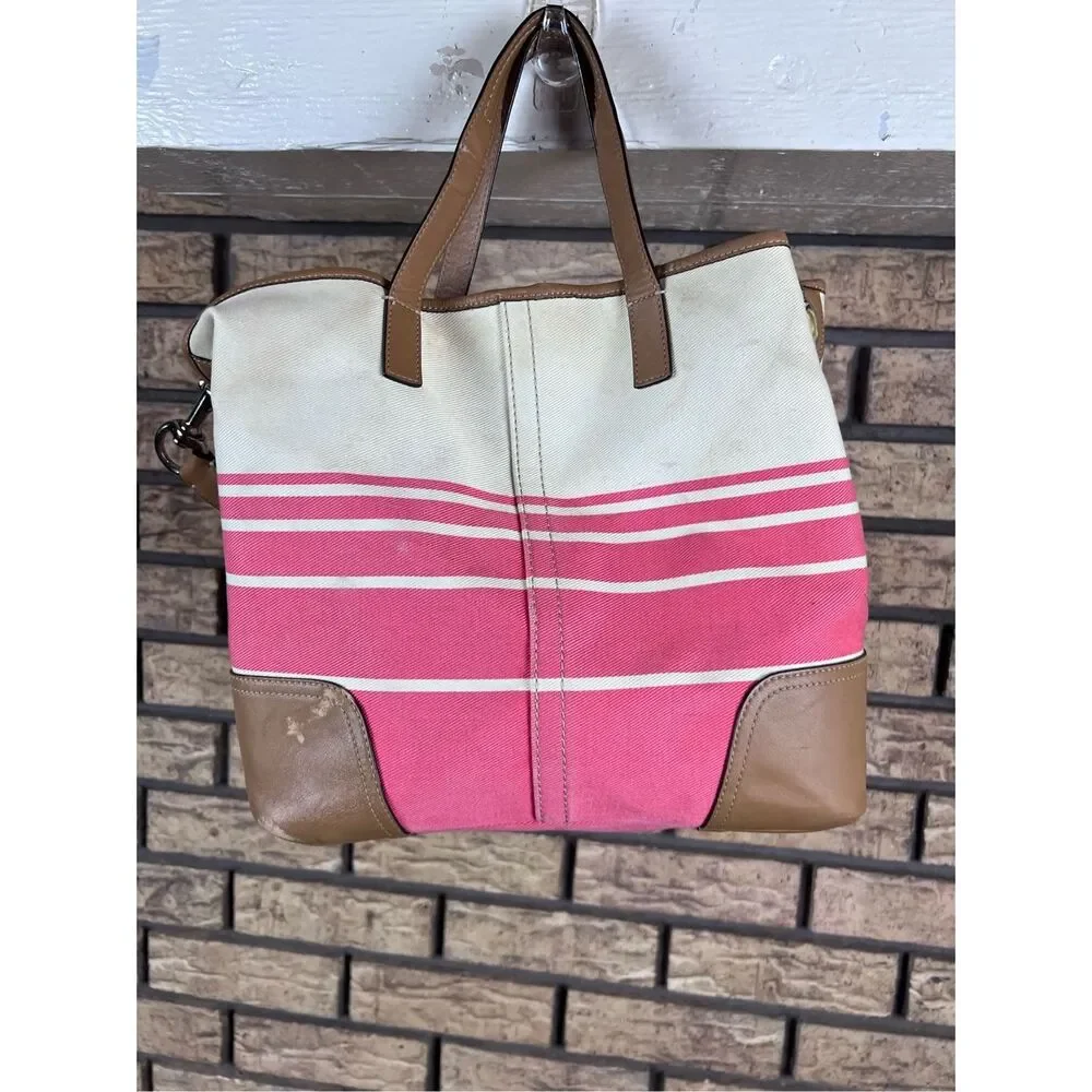 Coach Hadley Variegated‎ Coral & Beige Striped Canvas Leather Tote Shoulder Bag